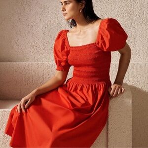 Madewell Smocked Puff Sleeve Midi Dress in Poplin in Cerise Size: S, NWT